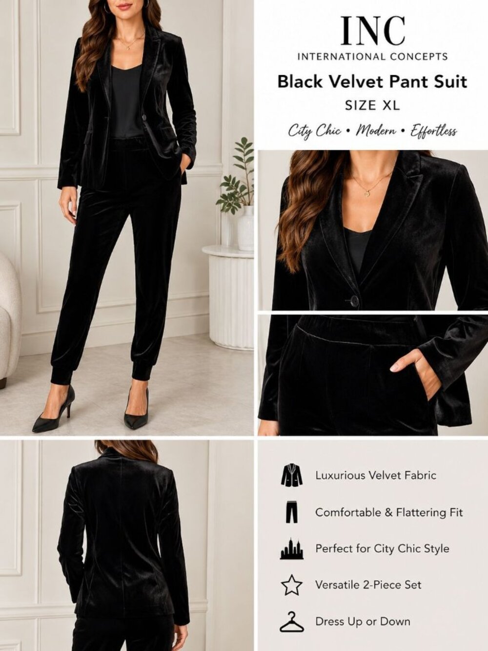 INC International Concepts Black Velvet Pant Suit Size XL Business Wedding